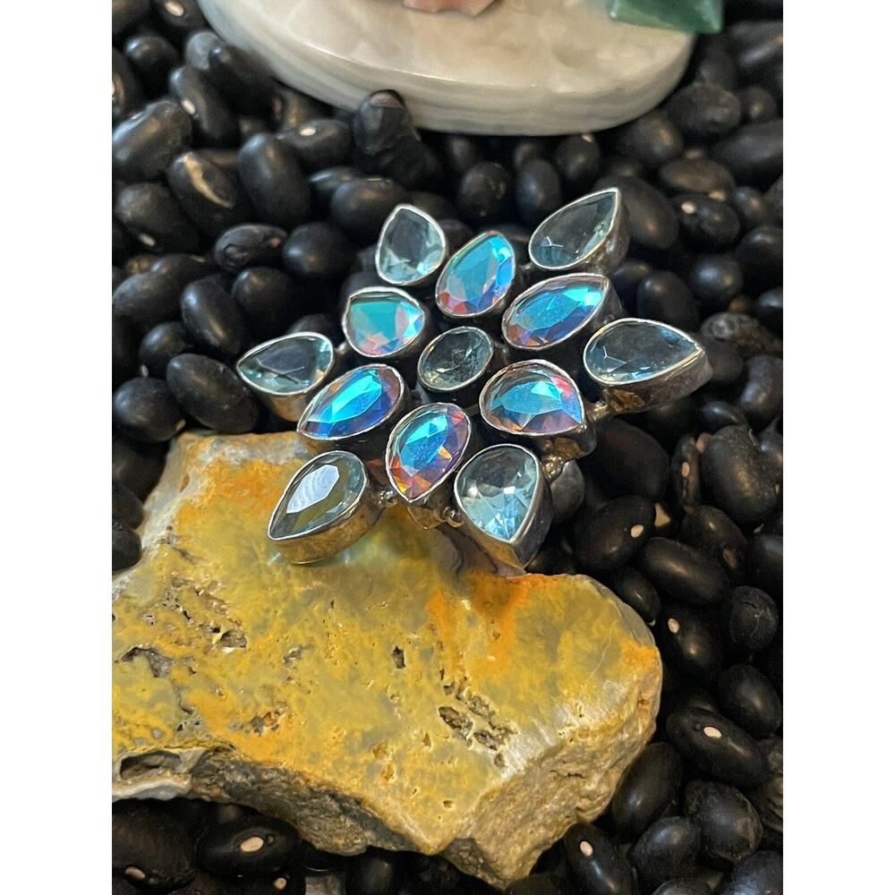 Native Sw Sterling Faceted Multi-stone Blue Green Rainbow Borealis Cluster Ring - Picture 9 of 12